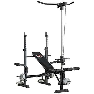 HOMCOM Banc de musculation complet multifonction avec dossier réglable, système de poulie, support pour haltères, écarté pectoraux, banc developper coucher à plat ou incliné entraînement fitness