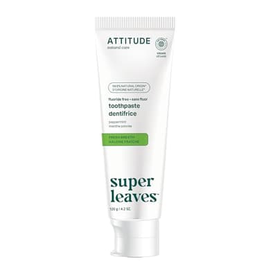 ATTITUDE Dentifrice Haleine Fraîche sans Fluor, goût Menthe, végan et non testé sur les animaux, sans sucre, ingrédients à base de plantes et minéraux, soin bucco-dentaire clean, 120 g
