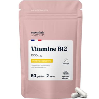 Vitamine B12 1000 µg Vegan, Cure de 2 mois, Réduit la Fatigue & Soutient le Système Nerveux, 60 Gélules Végétales, 100% Méthylcobalamine Pure, Fabriqué en France, Essentials by Novoma