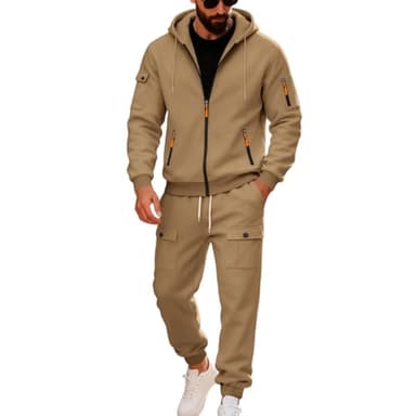 Genérico Ensemble de survêtement pour homme avec veste à capuche et pantalon de sport en coton, vêtement de sport, chauffant, respirant, pour la maison, beige, XXXL