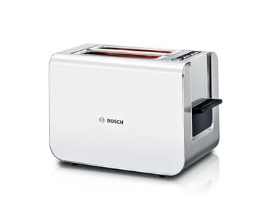 Bosch Grille-pain Styline TAT8611N, grille réchauffe-viennoiseries intégré, fonction ascenseur, fonction décongélation, arrêt automatique, centrage du pain, 800 W, acier inoxydable/blanc