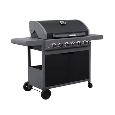 sweeek - Barbecue au gaz Edmond noir - 6 brûleurs + 1 feu latéral. avec thermomètre. L 132x P62 x H143 cm