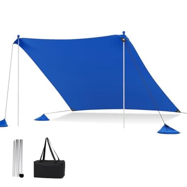 HOMASIS Tente de Plage Anti-UV, Abri de Plage pour 1-4/4-8 Personnes, Voile d'Ombrage avec 2 Barres de Support et Sac de Transport, Ancrages de Sable et 4 Sacs de Sable (Bleu, 300 x 300 cm)