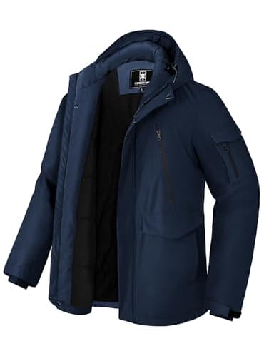 Pioneer Camp Manteau Homme Hiver Imperméable Doublé Polaire Chaud Veste avec 9 Poches Capuche Coupe-vent Isolée Homme Jacket Parka Marin L