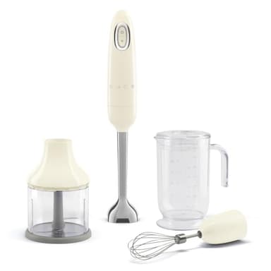 Smeg, Mixeur Plongeant HBF03CREU, Fonction Turbo et Système de Coupe Flowblend, avec Poignée Antidérapante, Range Cordon Intégré, Accessoires Inclus, Puissance 700W, Crème