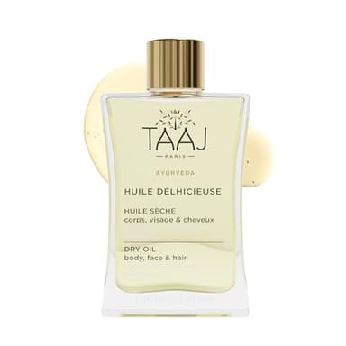 TAAJ | Huile Délhicieuse | Huile sèche de Beauté | Corps, Visage & Cheveux | Nourrit, Protège & Revitalise la peau | Peau Satinée | Cheveux Réparés | 96% d’ingrédients naturelle | Vegan | 50 ml