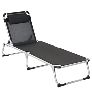 Outsunny Bain de Soleil Chaise Longue Pliante avec appuie-tête, transat inclinable en Aluminium et textilène, transat Jardin extérieur pour Plage Relax Camping Piscine terrasse, 165x60x76cm, Noir