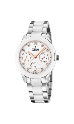 Festina Montre Femme Analogique Acier Inoxydable 316L Blanc - Quartz Multifonction - Verre Saphir Haute résistance - Étanche 5 ATM - Calendrier F20497/1 - Ceramic