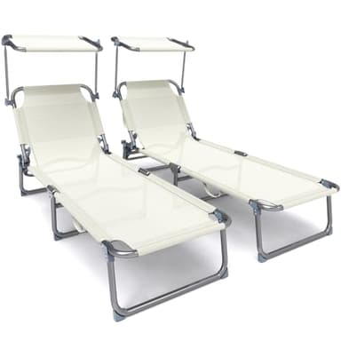 vounot® Lot de 2 Chaise Longue Bain de Soleil avec Pare Soleil Transat Pliable en Textilène avec Parasol Bain De Soleil inclinable en Textilène avec Charge Max 110KG Chaise Longue réglable Beige