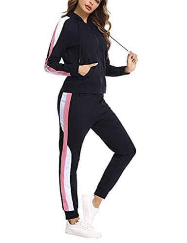 Litherday Survêtement Femme Coton Rayé Ensemble Sportswear à Manches Longues Ensemble de Sport à Capuche Zippé 2 Pièces pour Fitness Jogging,Bleu Marine,XL