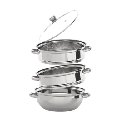 Cuiseur vapeur, à 3 couches, en acier inoxydable, empilable, avec couvercle en verre transparent et poignées, pour cuisinières à induction, cuisinières à gaz, 28 cm