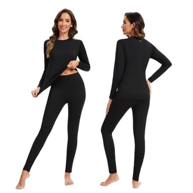 AMZSPORT Set de sous-vêtements Thermiques pour Femme - Combinaison Hiver Respirante avec Doublure Polaire, Haut Manches Longues & Leggings Doux pour Ski et Activités Extérieures Noir L