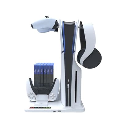 Station de refroidissement pour PS5 Slim console, avec double station de charge pour manettes PS5 avec 6 emplacements pour disques de jeu, 2 crochet