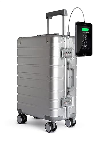 TOKYOTO Valise Cabine Aluminium Argentée avec USB Rigide Valise Moderne pour Voyager Jeunes Adolescents Roues Doubles Serrure TSA 55x35x20 Trolley Bagage Cabine à Main 55x40x20 cm Silver Logo