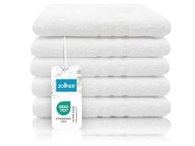 ZOLLNER Set de 5 Serviettes de Bain en 100x150 cm - Serviettes de Bain moelleuses en Coton - avec Bordure Moderne à Rayures - lavables à 95°C - avec accroche Pratique - en Blanc - qualité hôtelière