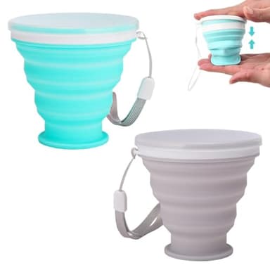 OUDQFCJ Lot de 2 gobelets pliables en silicone avec couvercle en plastique - Sans BPA - Réutilisables - Pour l'extérieur, le camping, le pique-nique, la randonnée, les voyages