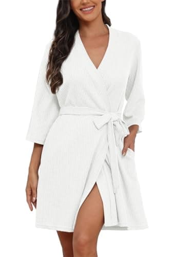 PrinStory Peignoir kimono doux gaufré pour femme avec col en V, blanc, XL