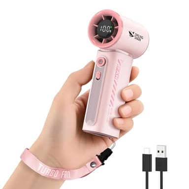 Smiling Shark TF-02 Ventilateur Turbo Portatif, 1-100 Vitesses Réglables Mini Ventilateur Portable à Main[12H Max] avec Écran LED/Lanière/Base, Éventail 2-en-1 Main/Bureau pour l'extérieur Intérieur