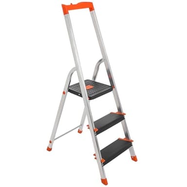 SONGMICS Échelle 3 Marches, en Alliage d'Aluminium, Escabeau, Largeur de la Marche 12 cm, Pliable, Plateau à Outil, Pieds Antidérapants, Capacité de Charge 150 kg, Noir et Orange GLT03BK
