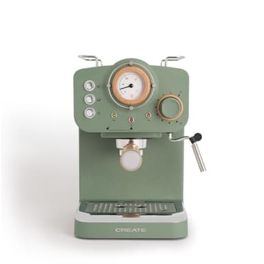 CREATE / THERA RETRO MATT/Cafetière express semi-automatique vert sauge et bois / 20 bar, bras à double écoulement, réservoir 1,25L, café moulu et monodose ESE 55mm, avec steamer, 1100W