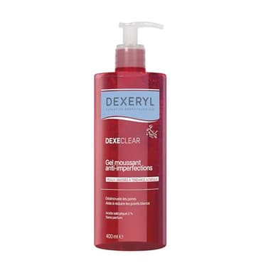 DEXECLEAR by DEXERYL Gel moussant anti-imperfections, 2 en 1: nettoie & réduit les boutons - Acide salicylique - Sans savon, Sans parfum - Visage & corps - Peau grasse à tendance acnéique, 400 ml