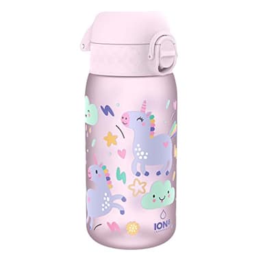 Ion8 Gourde Enfant, 350ml, Anti-Fuite, Facile à Ouvrir, Verrouillage Sécurisé, Lavable en Lave-Vaisselle, Sans BPA, Poignée de Transport, Facile à Nettoyer, Carbone Neutre, Licornes
