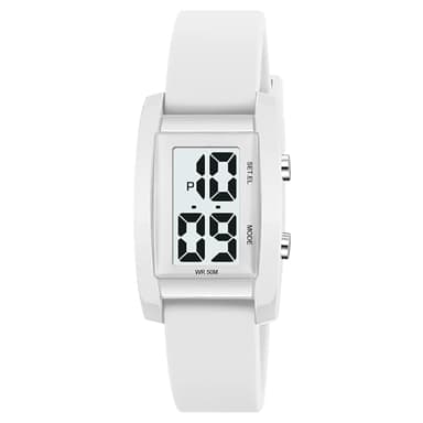 Montres Findtime pour Femmes - Montres Imperméables UK pour Femmes - Montres Numériques pour Femmes - Montre Sport Grandes Chiffres Faciles à Lire avec Rétroéclairage LED, blanc, Sangle