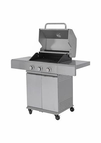 aro Barbecue à Gaz, Acier/Acier Inoxydable, 3 Brûleurs, 9kW, Allumage Piézoélectrique, sur Chariot, 4 Roulettes, Argent