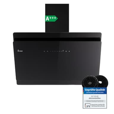 KKT KOLBE A+++ Hotte aspirante, 90 cm, 782 m³/h, air de circulation, air évacué, sans tête, capot mural, capot incliné, noir, verre, arrêt automatique, SensorTouch, éclairage LED, SOLO9005S