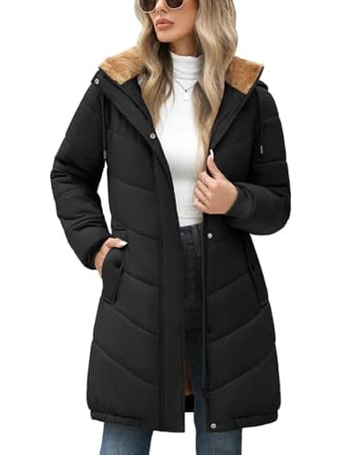 Yuson Girl Blouson Femme Hiver Manteau Matelassé à Capuche Polaire Doublé Veste Mi-Longue Légère Chaude Coupe Vent Parka Manteaux Zippé Décontracté Outercoat avec Poches(Noir, XL)