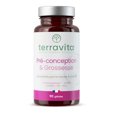 PRÉ-CONCEPTION ET GROSSESSE | Formule Complète avec Acide Folique Quatrefolic® + Choline Vitacholine™ + Vitamines et Minéraux | 90 Gélules | Made in France | Terravita