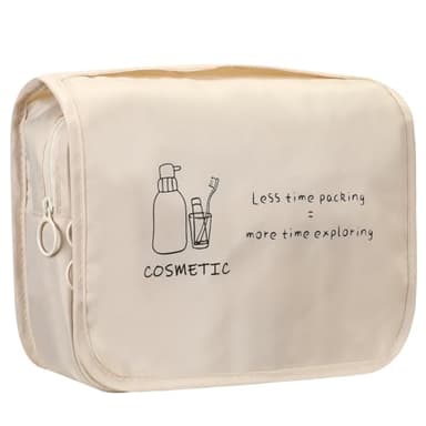 FINPAC Trousse de Toilette, Trousse de Toilette Voyage avec Crochets et poignée, Multifonction Imperméable Grande Sac Cosmétique Organisateur de Voyage pour Hommes et Femmes (Beige)