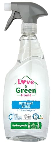 Love & Green Home Spray Nettoyant vitres écologique rechargeable à l'alcool végétal. Certifié Ecodétergent par Ecocert - 750ml
