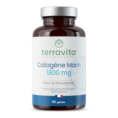 Collagène Marin Peptan + Vit C | Dosage Fort 1800 mg | 90 Gélules sans Goût ni Odeur | Peptides de Collagène Purs | Articulations Souples, Peau Lisse et Hydratée | Filière 100% Française | Terravita