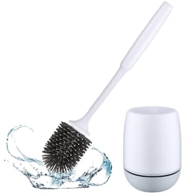 Brosse WC avec socle, set de brosses WC en silicone, poils en silicone ne se rayent pas facilement, peut être montée au mur ou posée au sol (lot de 1) Blanc