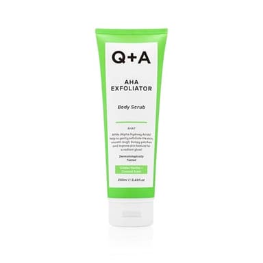 Q+A Gommage Exfoliant aux AHA, Ce mélange d’acide lactique et d’acide glycolique, associé à des exfoliants physiques, contribue à améliorer la texture de la peau, 250ml