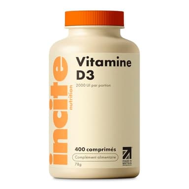 Incite Nutrition Vitamine D 2000ui – 400 comprimés de vitamine D3 de qualité faciles à avaler – un demi comprimé par jour de Cholécalciférol VIT D3 – Supplément végétarien – Fabriqué au UK