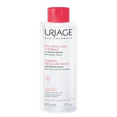 Uriage Eau Micellaire Thermale pour Peaux Sensibles - Visage et Yeux - 3-en-1 : Nettoie, Démaquille et Apaise - Sans Rinçage - Parfum Fruité et Floral - 96% d’ingrédients d’origine naturelle - 500ml