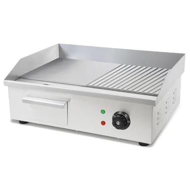 VERTES Plancha Professionnelle 3000W en Acier Inox (Surface de Gril Lisse et Rainurée 55x35cm, Thermostat, Température 50-300°C, Protection Contre les Éclaboussures et la Chaleur, Bac de Récupération)
