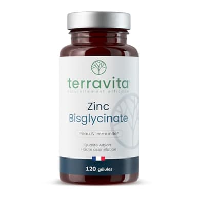 ZINC Bisglycinate PUR | Complément Alimentaire Premium ALBION® | 120 Gélules de 10 mg soit 100% des AR | Biodisponibilité Optimale | Peau Nette (Acnée) et Immunité | Made in France | Terravita