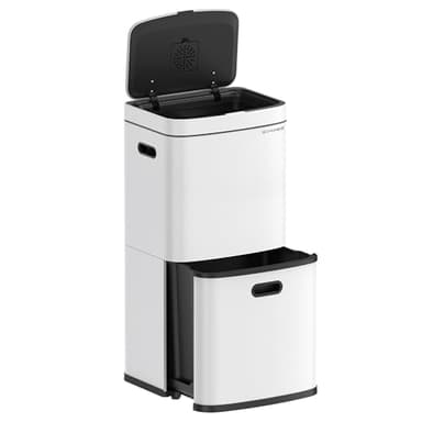 SONGMICS Poubelle de Cuisine, Poubelle à 3 Compartiments, 2 x 10 L et 30 L, Acier, Gain de place, Seaux intérieurs, Filtre à Charbon, 39,5 x 29,8 x 80,2 cm, Blanc Nuage LTB551W02