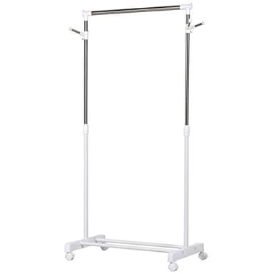 HOMCOM Portant à vêtements, porte-manteau sur roulettes avec hauteur réglable, penderie vêtement en acier support à chaussures et crochets latéraux, 68,5 x 42 x 87-145 cm, blanc