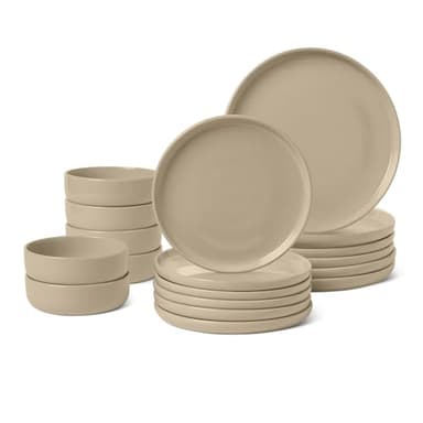 Amazon Basics Service de Table en Grès Émaillé, Lot de 18 Pièces, 6 Couverts Complets, Compatible Lave-Vaisselle, Couleur Gris Lin