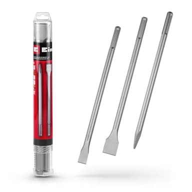 Original Einhell Set de 3 burins SDS Max, 400 mm (burin pointu, burin plat de 20 mm de large, burin bêche de 40 mm de large en acier 40Cr durable pour les travaux de démolition et de rénovation)