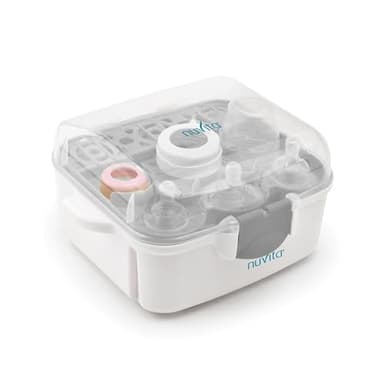 Nuvita 1085 Stérilisateur à vapeur pour biberons, tétines et accessoires pour four à micro-ondes - Stérilise jusqu'à 3 biberons à col large et des accessoires en 2 minutes - Compact et portable, il est équipé de poignées anti-brûlures et est exempt de BPA et de phtalates.