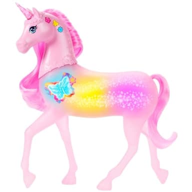 Barbie Licorne Sons et Lumières avec 20 combinaisons interactives de lumières, sons et musique, effets activés en appuyant sur des boutons et en caressant la tête, JCP78