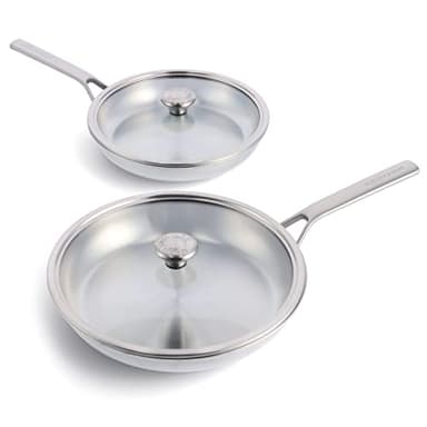 Merten & Storck Tri-Ply Stainless Steel, Set de Poêles à Frire de 26 cm et 30 cm en Inox Trois Couches avec Couvercles, Compatibles avec l'Induction, Multicouche, Va au four, Argent