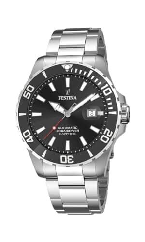 Festina Montre Homme Automatique en Acier Inoxydable 316L Argenté Montre Analogique Homme - Calendrier - Verre Saphir Haute Résistance - Étanche 20 ATM F20531/4