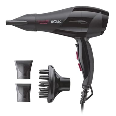 Solac - Sèche-cheveux SP7170 Expert 2600 Tourmaline | 2600W | 3 niveaux de température | 2 vitesses | Fonction ionique | Bouton air froid | Diffuseur | Noir