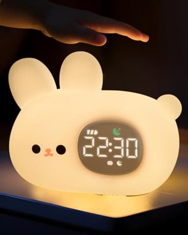 Horloge Réveil Lapin avec Veilleuse pour Enfants, Lampe Rechargeable en Silicone, Lampe Animaux Mignonne de Bureau, Compagnon Idéal pour Le Sommeil des Garçons et des Filles